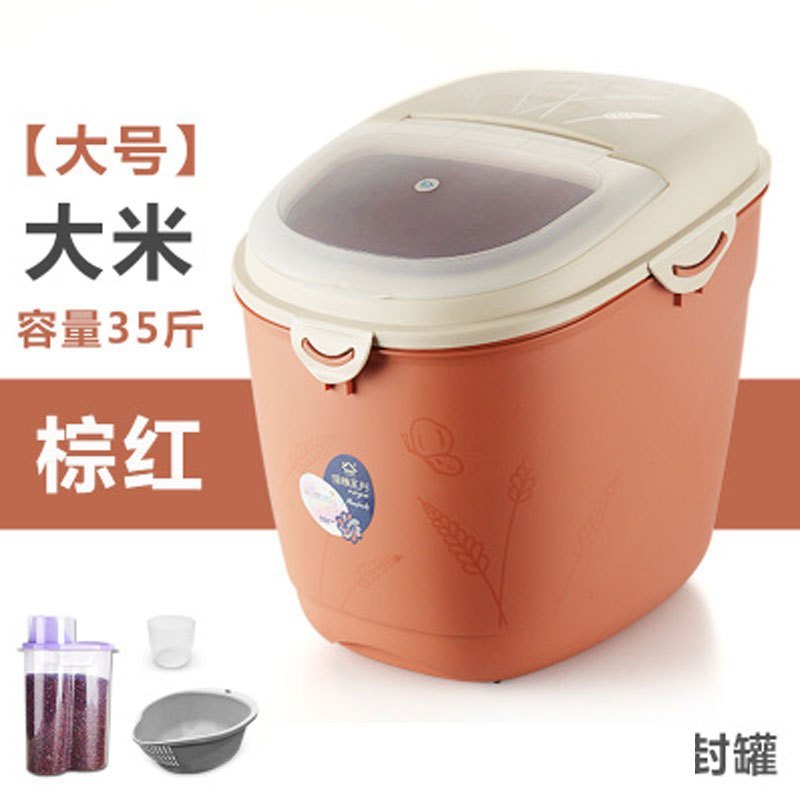翻盖密封储米桶家用塑料10kg15kg20斤30斤储米箱米缸多色多款生活日用家庭清洁生活日_2_0 35斤【棕红】米杯+淘米器+密封罐