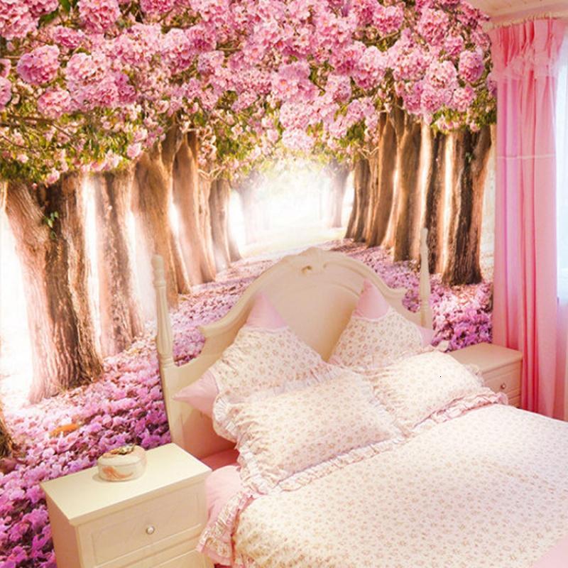 大型壁画樱花墙纸3d立体个性墙纸壁纸电视卧室床头粉色温馨背景墙_4 时尚艺术宣绒布（拼接）