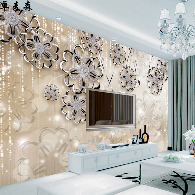 欧式壁画定做珠宝风格花朵餐厅客厅电视背景墙壁纸3D墙纸5d墙布_1 无缝真丝布（整张/平方）