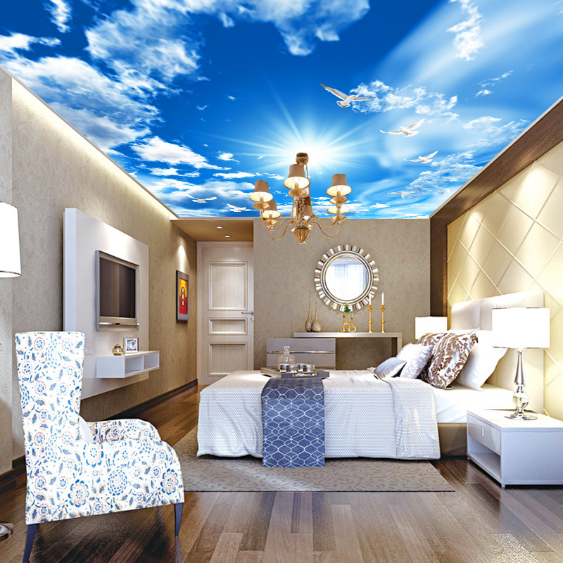定做大型3D无缝墙纸壁画壁纸天花板吊顶壁画客厅卧蓝天白云背景墙