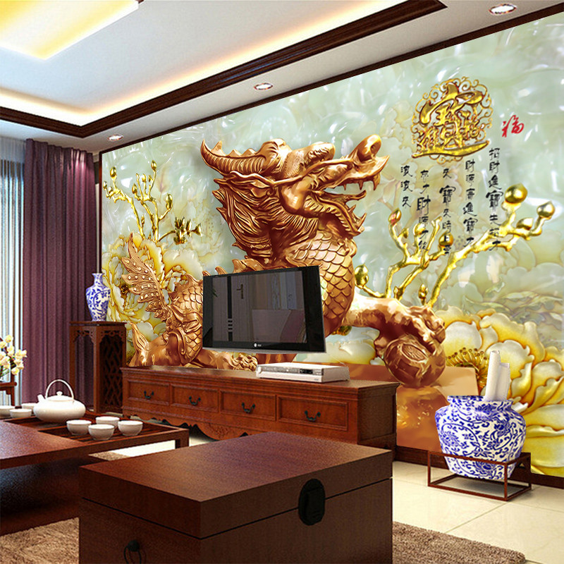 大型3d立体墙纸壁画客厅电视背景过道玉雕麒麟油画无缝墙布壁纸 无缝
