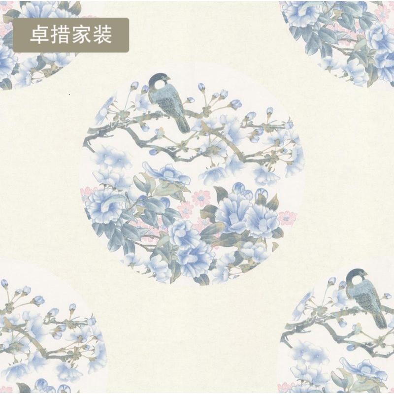 壁纸青花瓷花鸟新中式沙背景墙客厅玄关无纺环保墙纸_9 白+蓝RN1240401