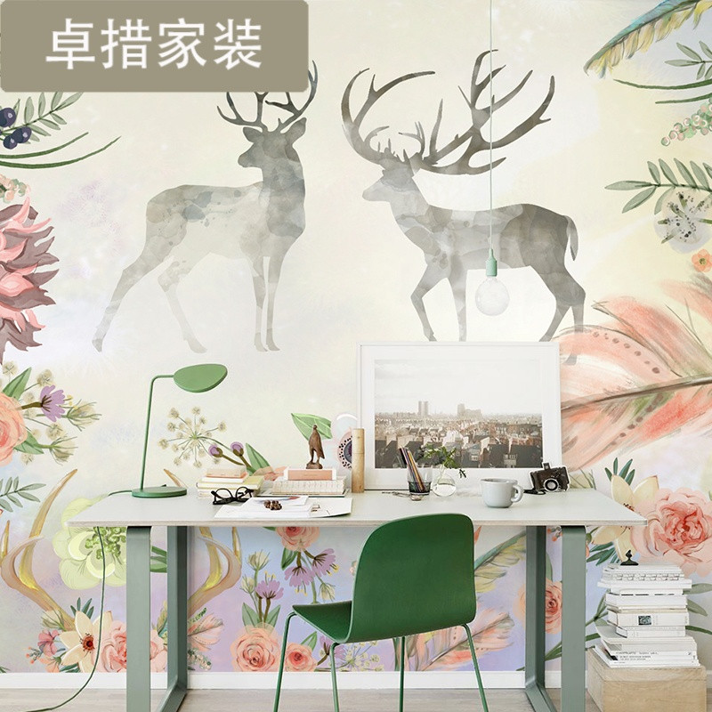 欧式手绘复古麋鹿背景墙壁画3D简约客厅沙墙布卧室无缝墙纸壁画 无油进口画布（一整张）