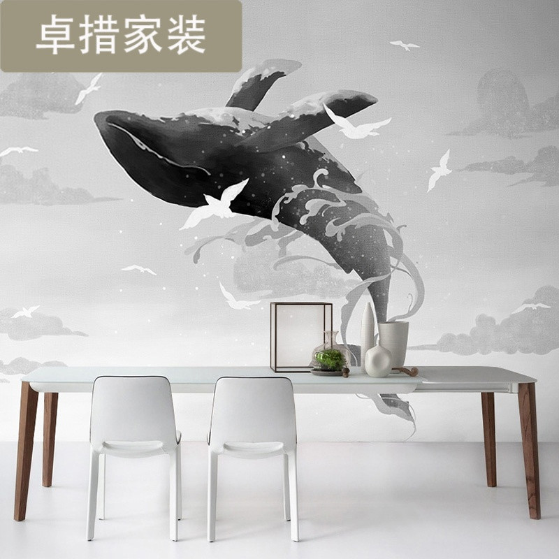 北欧手绘卧室卡通墙纸壁画3d立体鲸鱼艺术墙布儿童房背景墙壁纸 免胶艺术布（拼接）