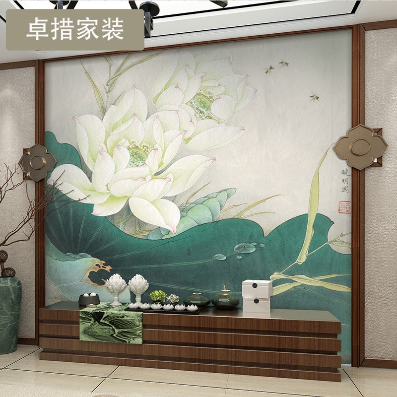 电视沙背景墙现代新中式壁画荷花墙纸花鸟壁纸国画客厅卧室书房 【无缝】进口真丝布/平方