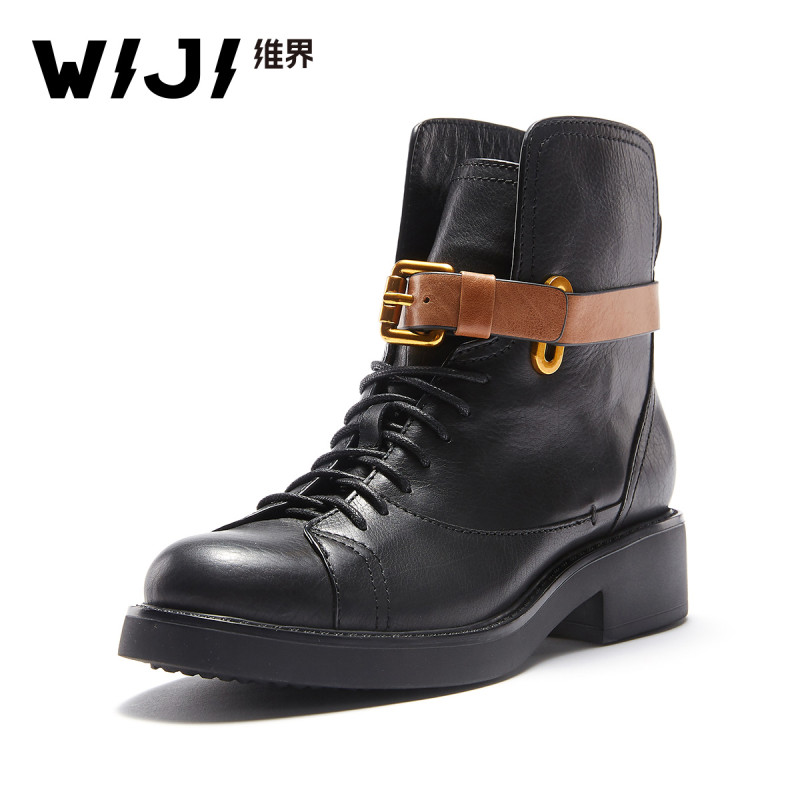 WIJI2017冬季新款英伦厚底时尚女鞋真皮粗跟百搭个性圆头马丁靴潮 黑色/黄棕 39