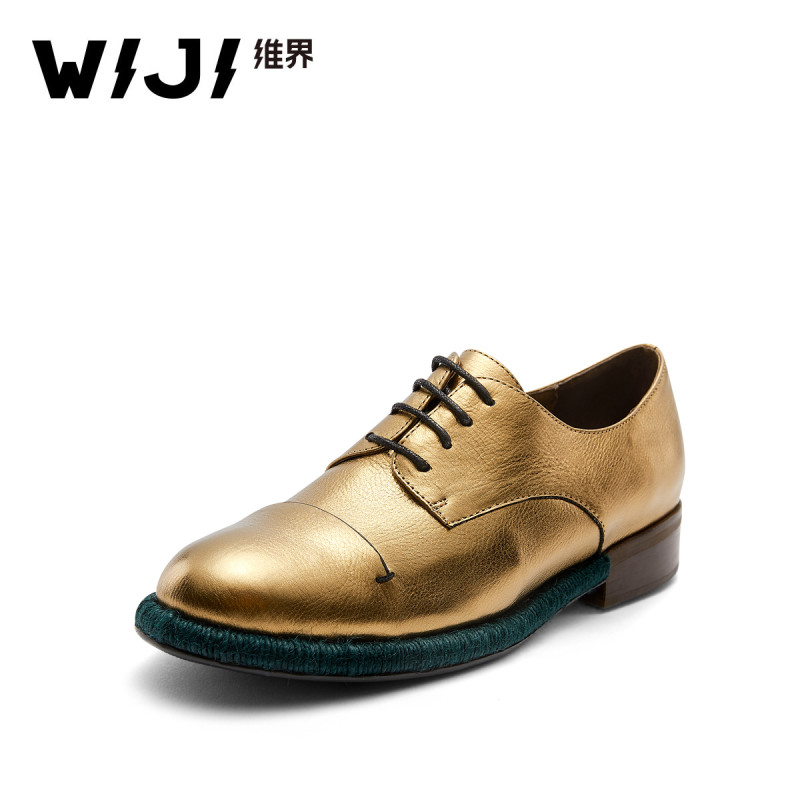 WIJI2017秋冬英伦风新款粗跟女鞋耐磨时尚百搭休闲鞋日常潮流单鞋 金色 39