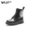 WIJI2018新款女鞋真皮高帮中筒靴单鞋粗跟系带百搭马丁靴个性皮鞋 黑色 37