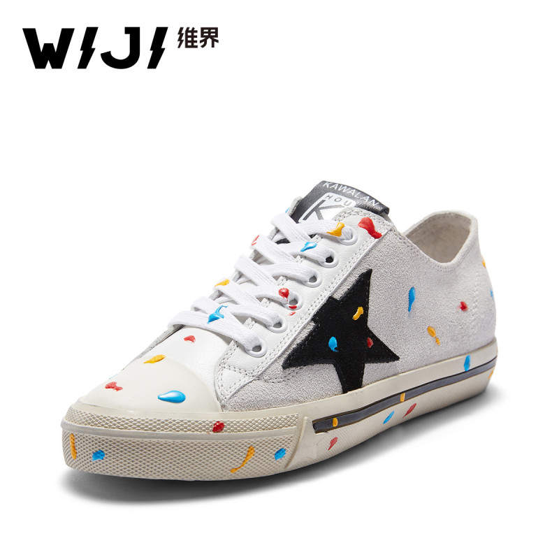 WIJI休闲鞋新款韩版星星潮流时尚女鞋平底系带百搭浅口潮流单鞋子 白色 40