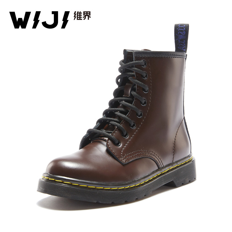 WIJI冬季新款女生真皮时尚马丁靴百搭系带新款潮流休闲复古短靴子 枣红色 36