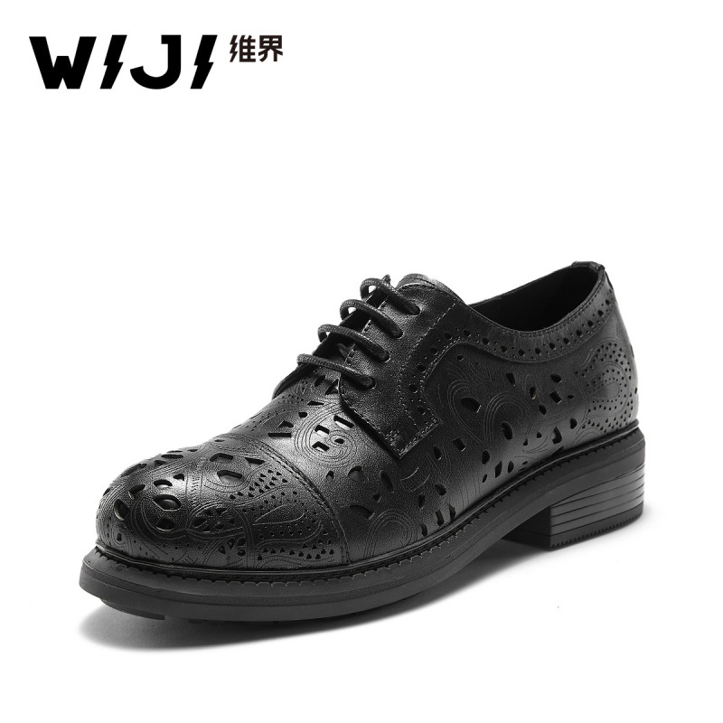 WIJI冬季英伦新款中性潮流时尚女鞋真皮粗跟系带浅口百搭休闲皮鞋 黑色 37