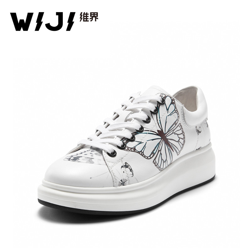 WIJI女鞋2018春季新款韩版时尚潮流板鞋深口厚底系带蝴蝶休闲单鞋 白色蝴蝶 40
