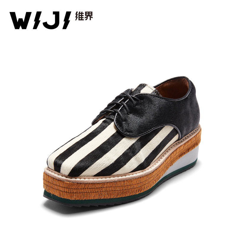 WIJI春秋真皮韩版新款时尚潮流休闲板鞋坡跟平底复古百搭低帮单鞋 白/黑 37