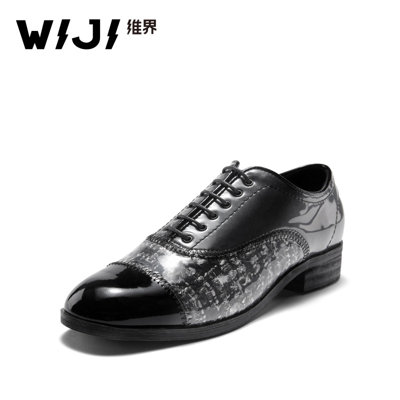 WIJI英伦牛津女鞋春秋时尚新款女士单鞋平底系带圆头日常休闲鞋潮 黑色 37