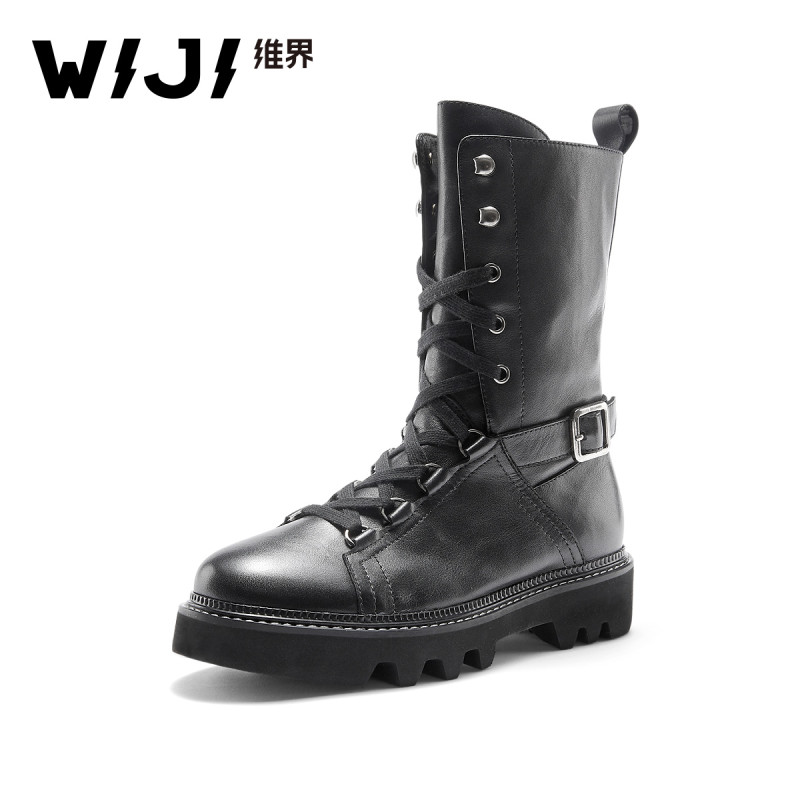 WIJI马丁靴女冬季真皮新款系带时尚女鞋潮流粗跟高筒韩版休闲靴子 黑色 37
