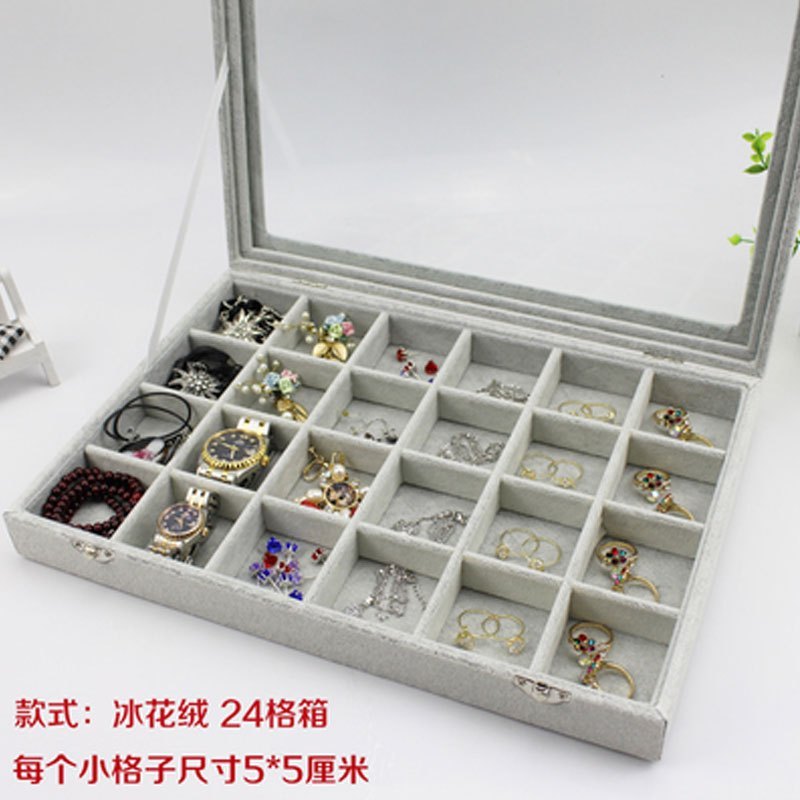 绒首饰盒戒指吊坠项链手镯耳环饰品展示盘收纳盒带盖珠宝箱多功能创意生活日用家庭整理收纳用品_3 冰花绒24格箱