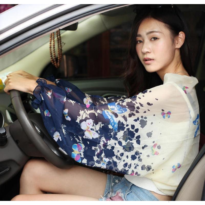 夏季女士薄长款开车骑车防晒手套蕾丝防紫外线手袖套臂套披肩披衣_6 渐变蓝色彩蝶