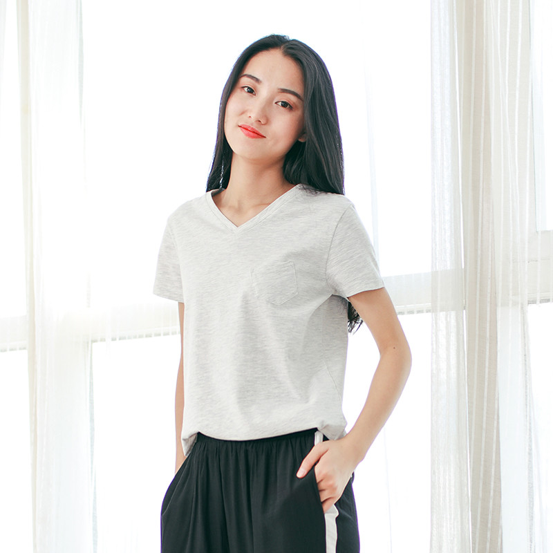 素缕夏装2018新款女文艺宽松V领白色短袖t恤女打底上衣SI6220喨 M 花灰色