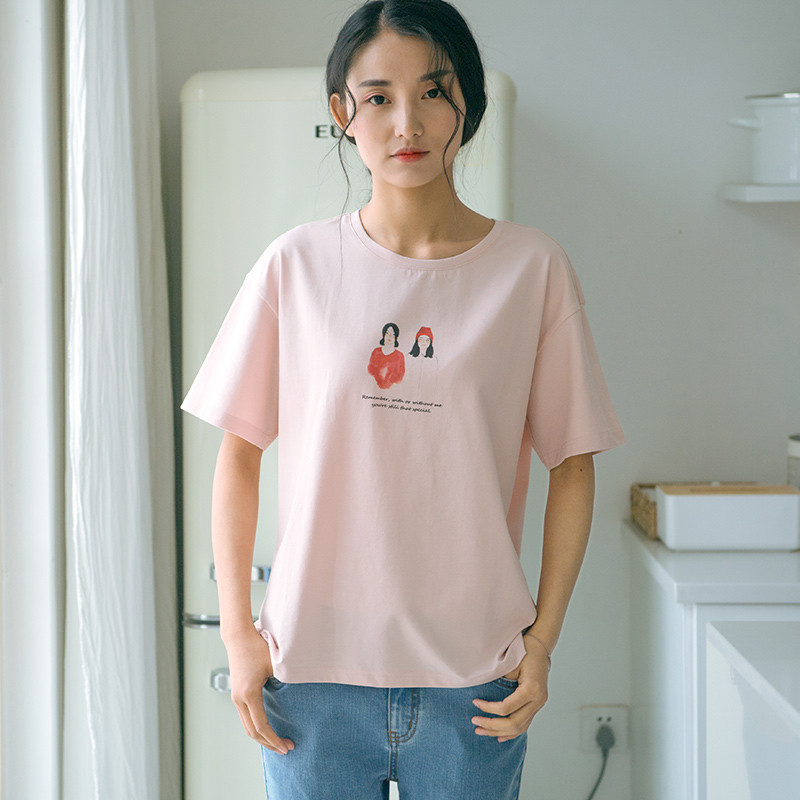 素缕夏装2018新款女印花宽松落肩袖圆领上衣白色短袖T恤SV8242 鹍 XL 豆沙粉