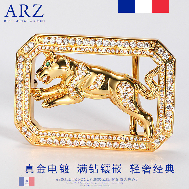 纯铜镀金镶钻扣头层牛皮带男真皮十二生肖生日礼物时尚潮 金色狗 120cm