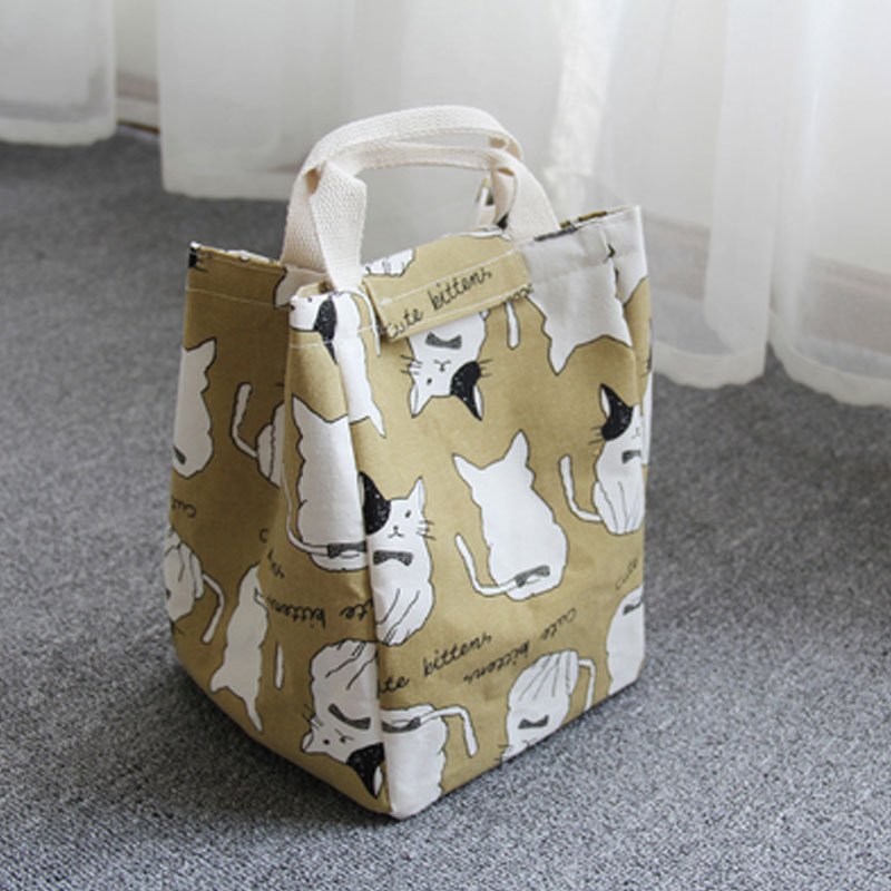 大号手提装饭盒袋的手提包带饭铝箔防水包包加厚保温包便当盒袋多色多款多功能生活日用收纳用品时_3 白猫（饭盒包）