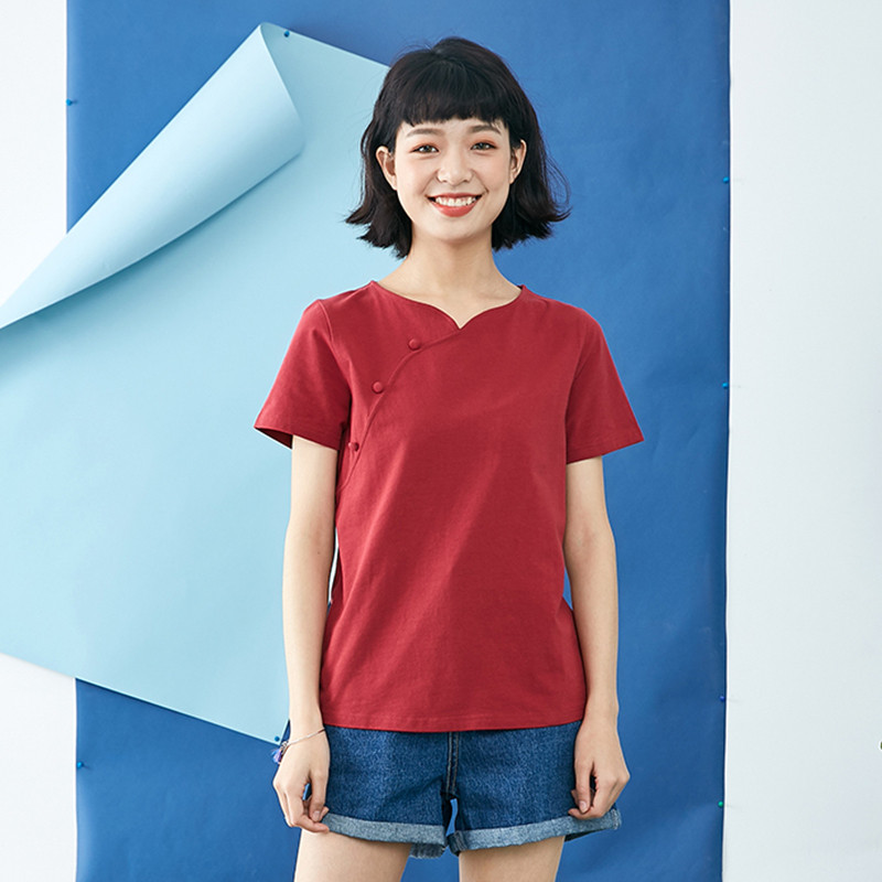 素缕2018夏装新款女装文艺宽松米白色显瘦短袖T恤女上衣FS6230喨_FUK63 XL 酒红