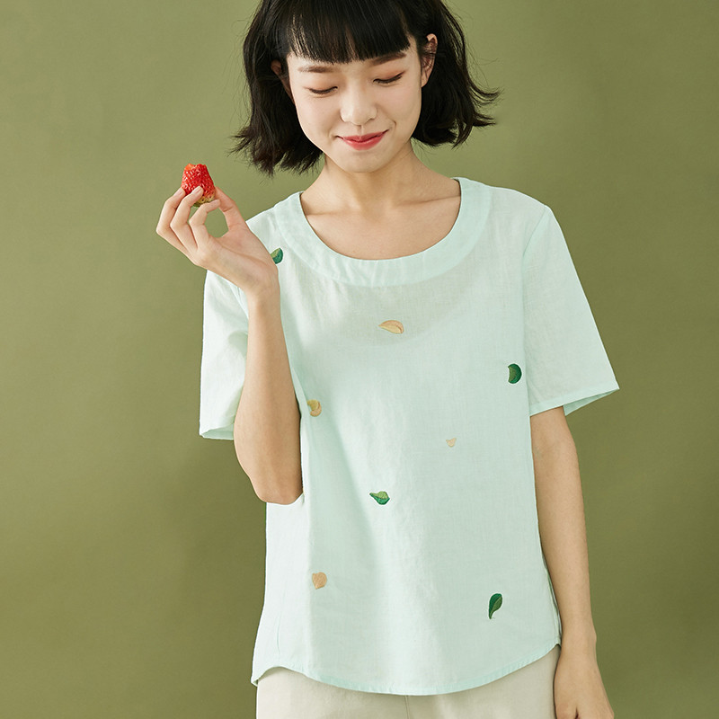 素缕夏装2018新款女装宽松百搭显瘦棉麻绣花白色T恤女FS7202喨_GNj71 XL 浅绿
