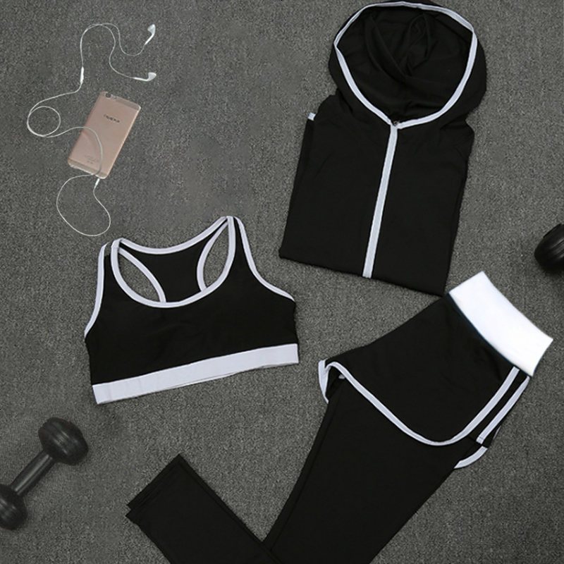 瑜伽服套装女秋季速干显瘦运动套装运动衣女健身服晨跑套装五件套_534 XL 文胸+外套+长裤-白色