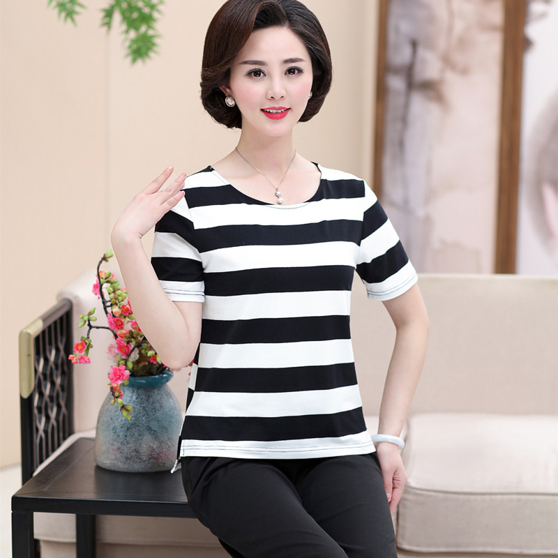 猫人(MiiOW)妈妈夏装套装中老年服装中年女装夏季件套短袖T恤上衣2018新款 4XL 黑白