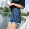 春夏女装韩版不规则拼接毛边开叉裙裤高腰牛仔裤宽松直筒裤短裤潮_5 L 蓝色