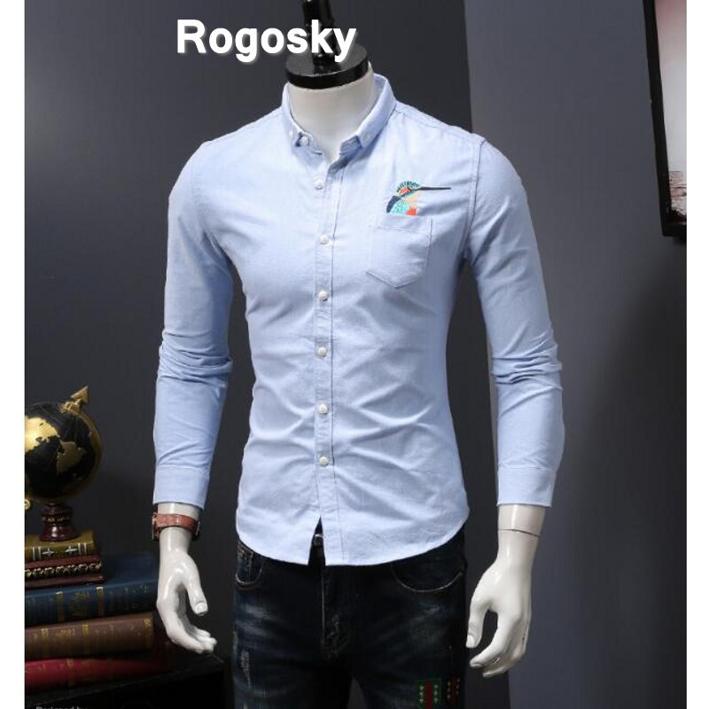 Rogosky港系潮牌欧洲站秋冬装刺绣鸟衬衫男长袖加绒休闲寸衫潮男修身衬衣青年上衣 3XL 蓝色