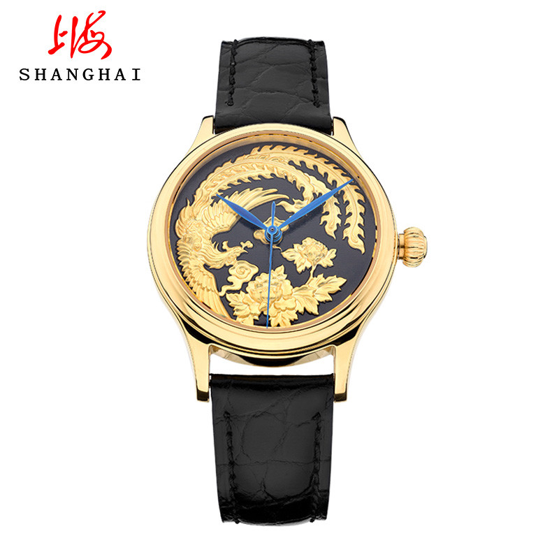 上海表SHANGHAI手表 全自动机械表中国风腕表时尚皮带龙凤蝴蝶扣情侣表一对 金色凤表