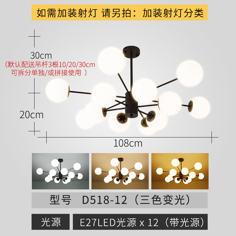 兰蒂灯饰 现代简约客厅吊灯北欧小户型家装客厅吊灯灯具简约现代大气家用遥控分段魔豆吊灯创意个性多头铁艺装饰灯卧室灯餐厅灯饰 12头黑色三色变光