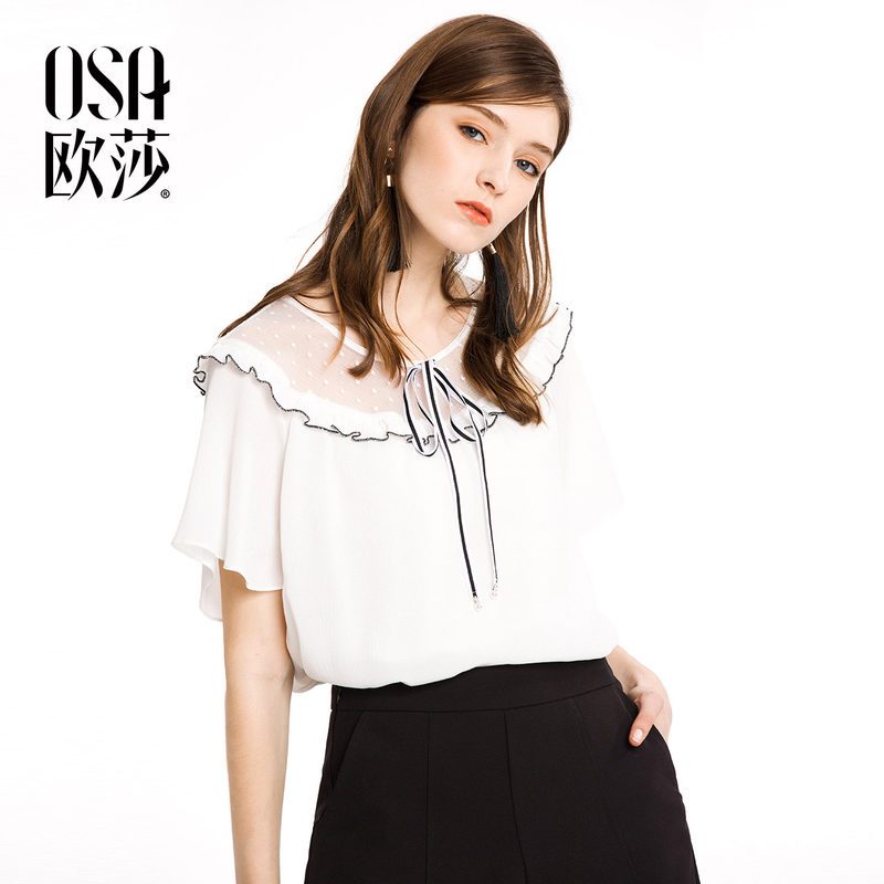 OSA欧莎2018夏装新款女装优雅撞色系带雪纺衫 XL 白色