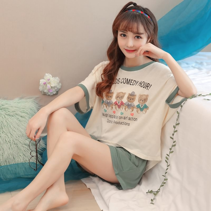 茵珠麗YinZhuli 2018夏季新款女士可外穿棉质睡衣女 夏天短袖短裤女生居家服 少女休闲家居服套装8087 XL码 4号款