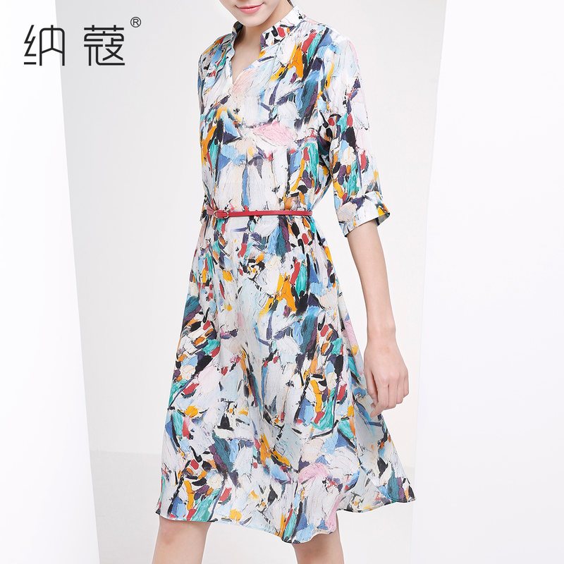 纳蔻2017新品夏装真丝长裙小碎花印花桑蚕丝连衣裙 M 花色