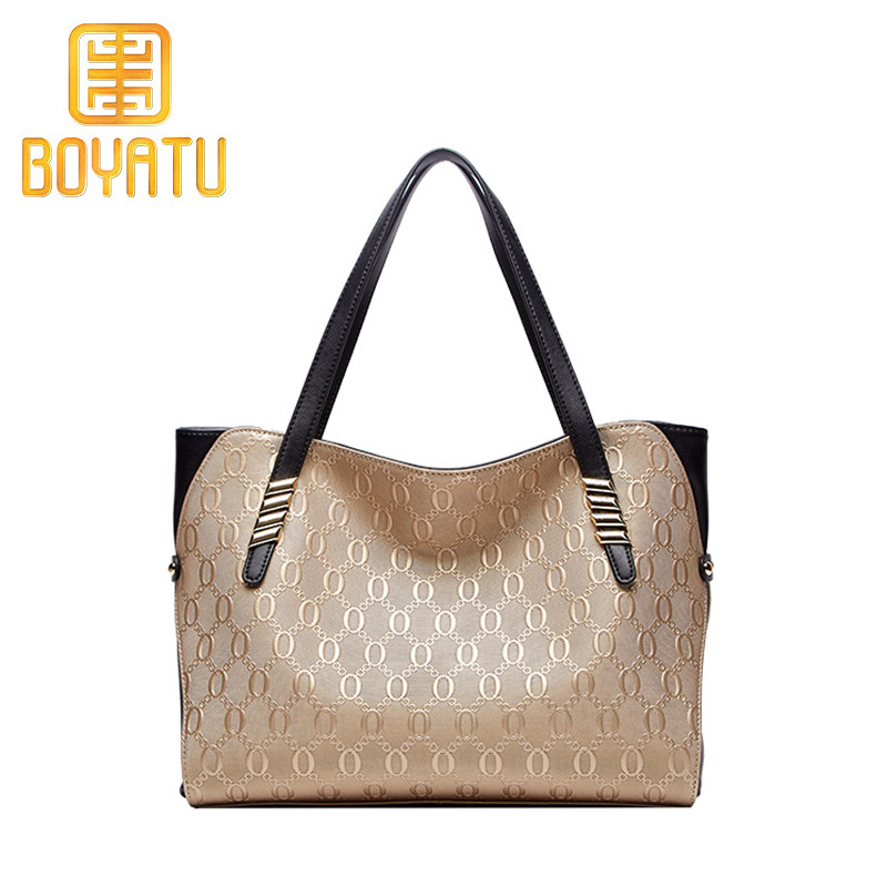 柏雅图（boyatu）包包2018新款真皮女士手提包简约通勤大容量单肩女包 香槟金色