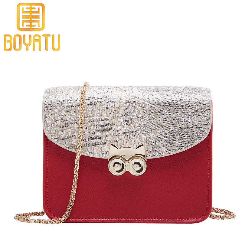 柏雅图（boyatu）时尚小方包新款牛皮链条斜挎包女韩版百搭单肩包女 中国红