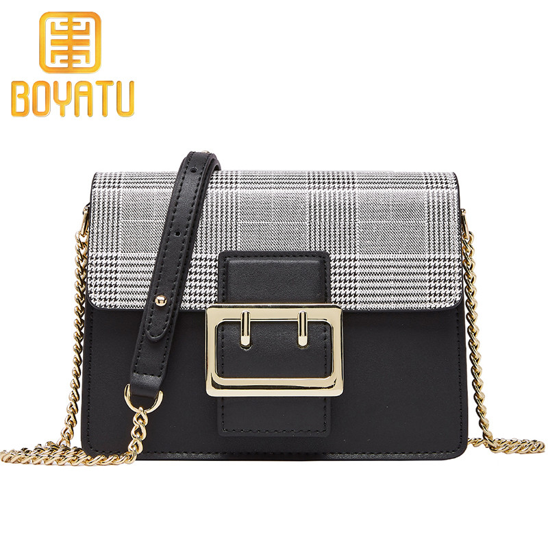 柏雅图（boyatu）2018新款小包真皮女士斜挎包百搭单肩包牛皮链条包 赫本黑