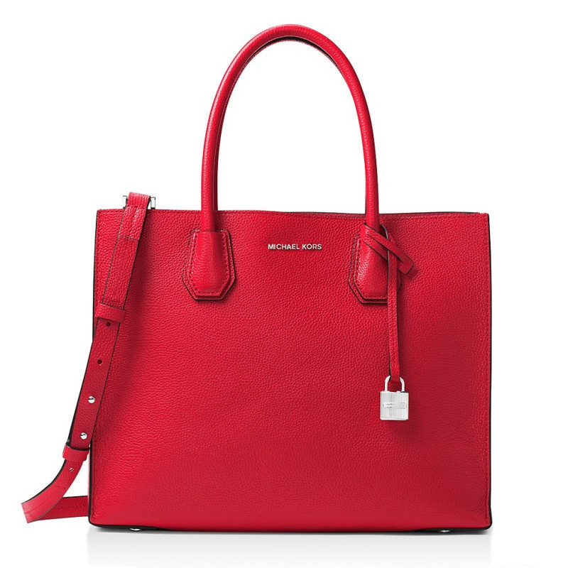 迈克·科尔斯(MICHAEL KORS) 大号 Mercer 拉链 牛皮 手提包 斜挎包 女士 单肩包 MK 女包 亮红色银色五金