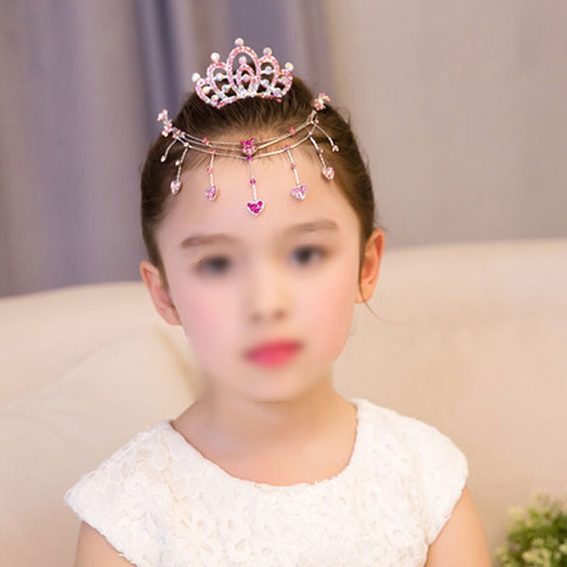 小女孩儿童头饰额头链宝宝头饰女童发饰水钻小孩头饰幼儿园小朋友饰品简约小清新婴童头饰 爱心粉色【额头链+皇冠发梳】