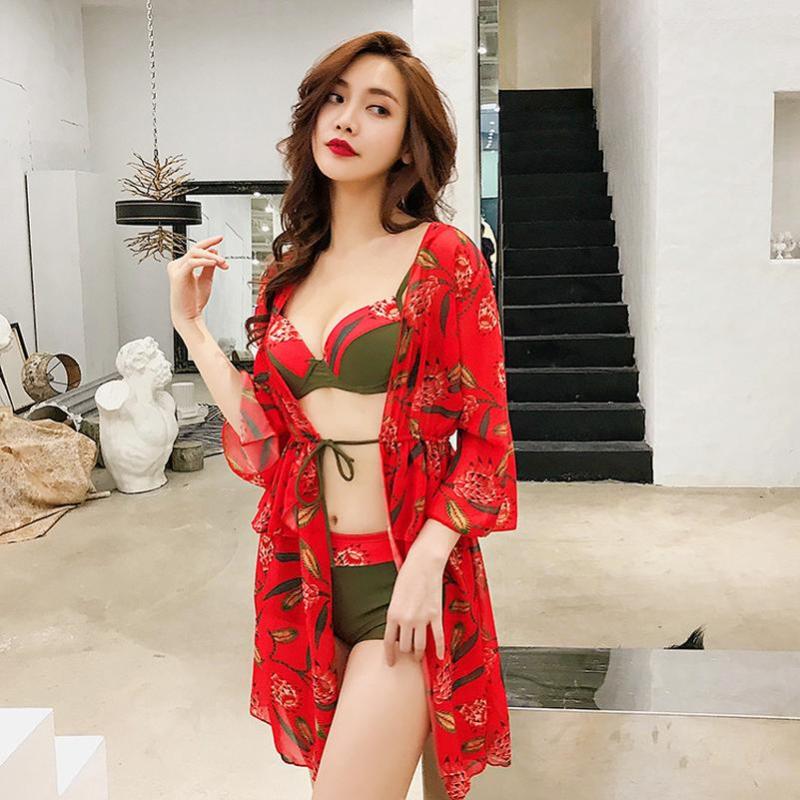 浪莎泳衣女士分体三件套性感小胸聚拢比基尼显瘦韩国式小香风泳装 XL 红色