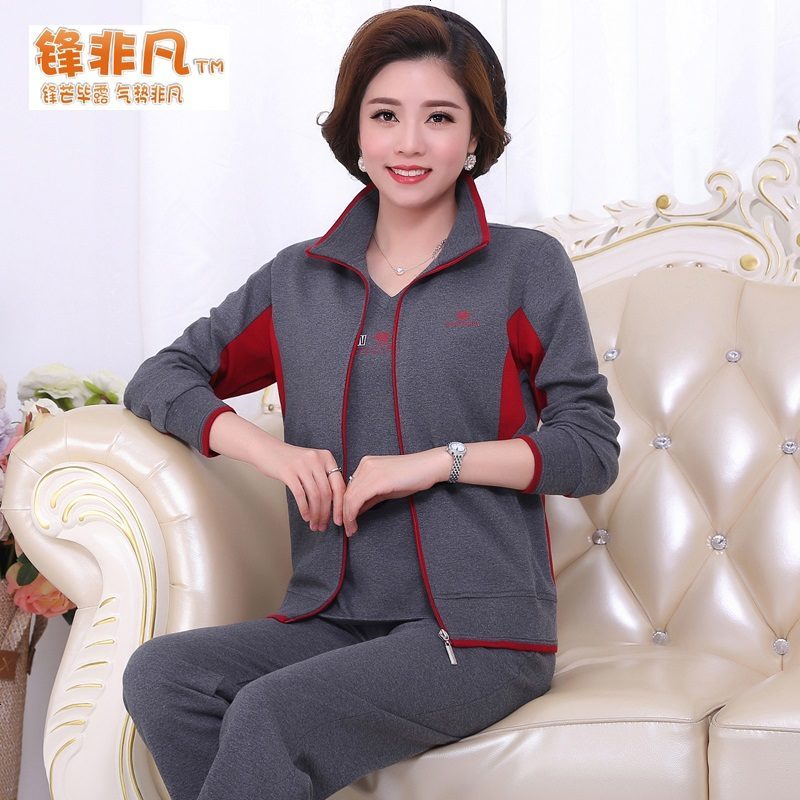 锋非凡 2019新款中老年运动套装女春秋大码三件套卫衣中年运动服女妈妈装40-50岁外套 浅灰色 L_建议90-110斤