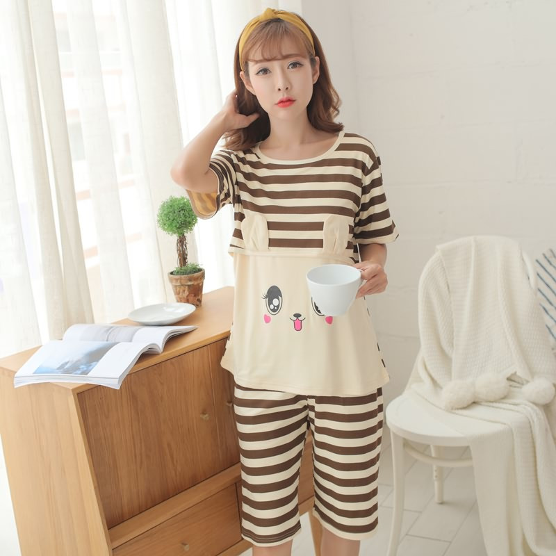 茵珠麗YinZhuli 夏季新款牛奶丝薄款短袖产前产后孕妇服睡衣居家服 夏天女士坐月子哺乳喂奶衣月子服套装6035 3XL码 3号款