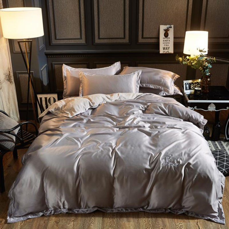 珀金家纺 水洗真丝四件套 条纹纯色简约被套床单床品套件 2.0米床 烟灰