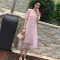 2018夏季新款短袖T恤打底裙+吊带网纱连衣裙中长款裙子两件套女装 均码 粉红色