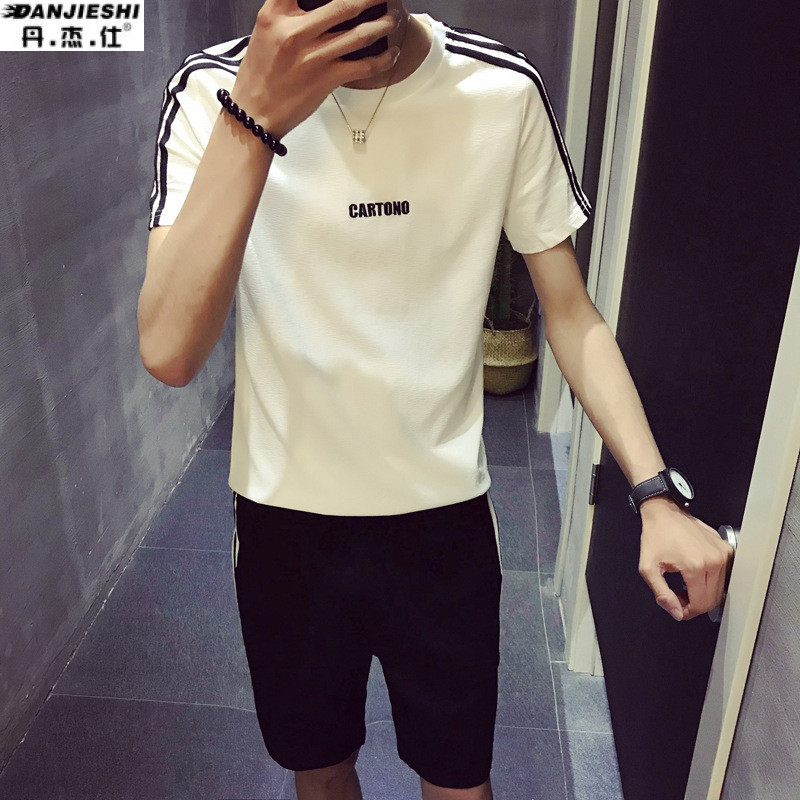 丹杰仕套装男士2018夏季新款短袖短裤中学生韩版潮流休闲帅气t恤两件套 3XL 8220白色