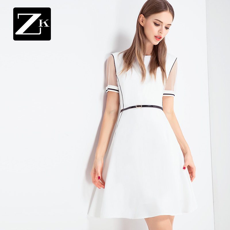 ZK2018夏装新款短袖网纱拼接雪纺连衣裙立领时尚系带白色裙子女BC XL 白色