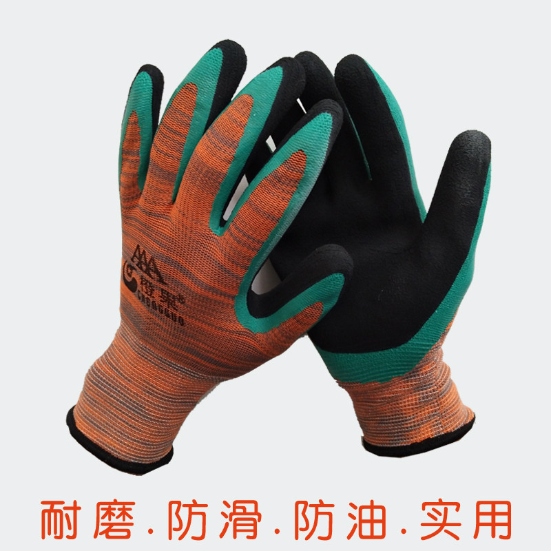 手套劳保耐磨带胶防水防油防滑建筑工人工地工作夏薄款乳胶胶皮 绿色手面加强12双装