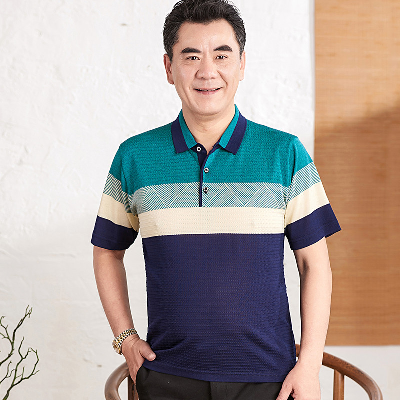 中年男士爸爸装夏装冰丝短袖t恤老人爷爷装中年人男装夏季上衣 180/XL（建议160-180斤） 156青色